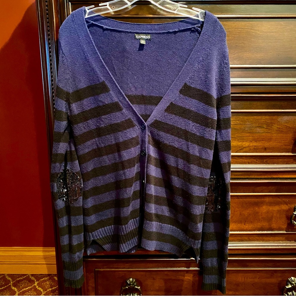 Express Striped Sequin Elbow Patch Cardigan | M